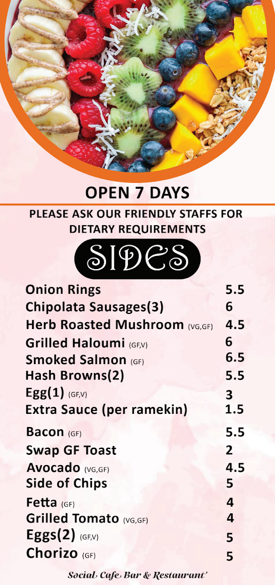 Menu, Social Cafe, Bar & Restaurant