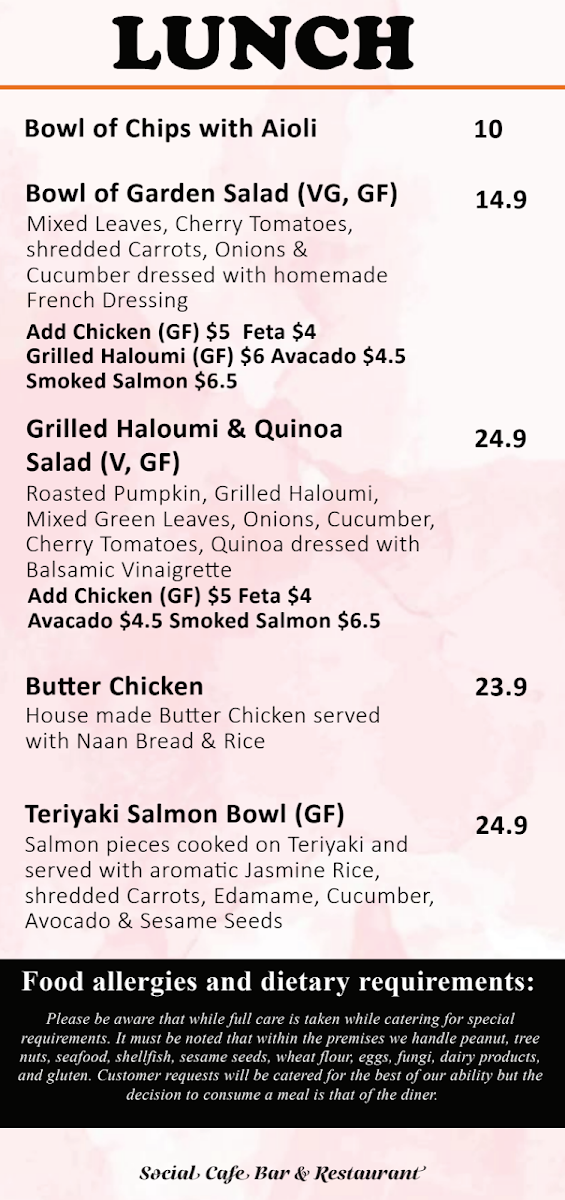 Menu, Social Cafe, Bar & Restaurant
