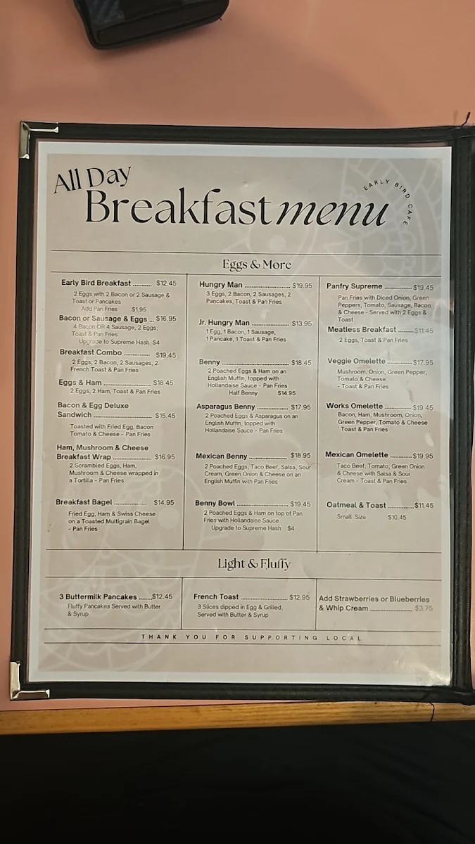 Menu, Early Bird Cafe