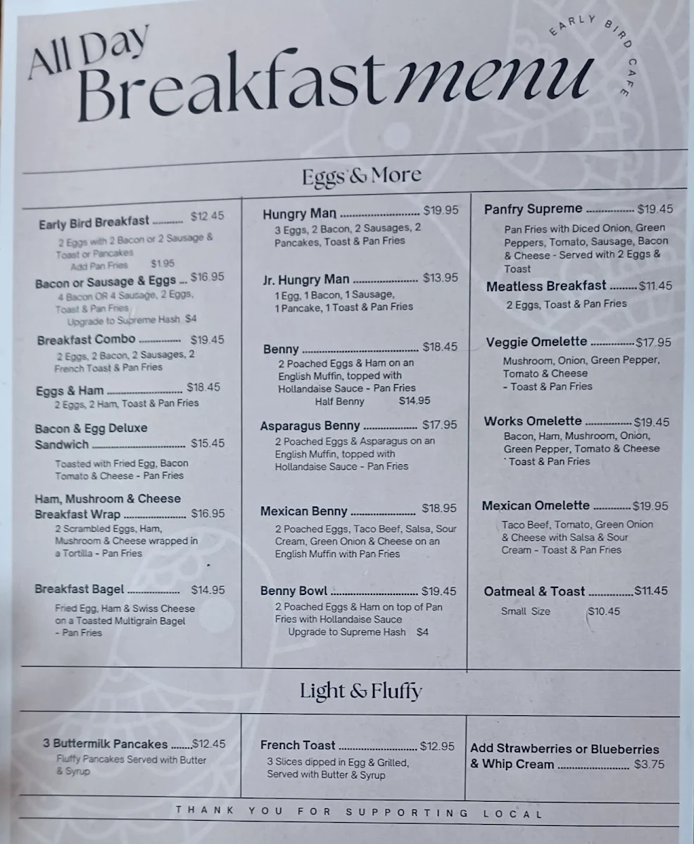 Menu, Early Bird Cafe