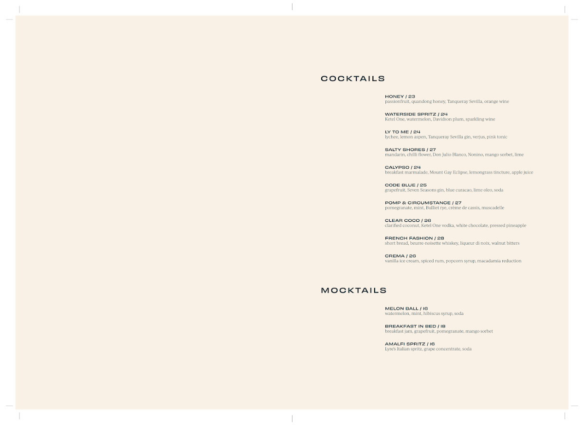 Menu, Cruise Bar & Restaurant