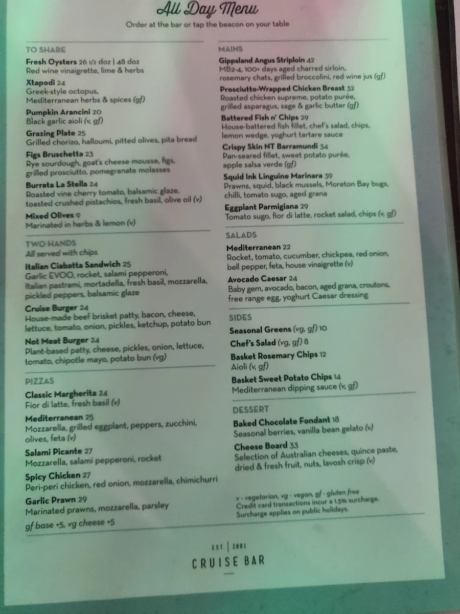 Menu, Cruise Bar & Restaurant
