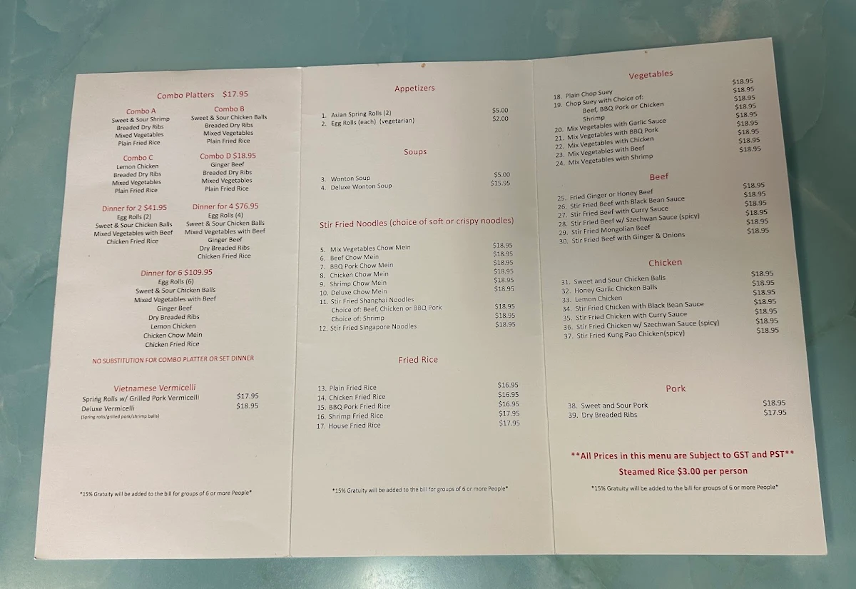 Menu, Golden Turtle Restaurant