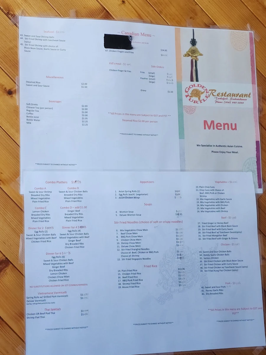 Menu, Golden Turtle Restaurant