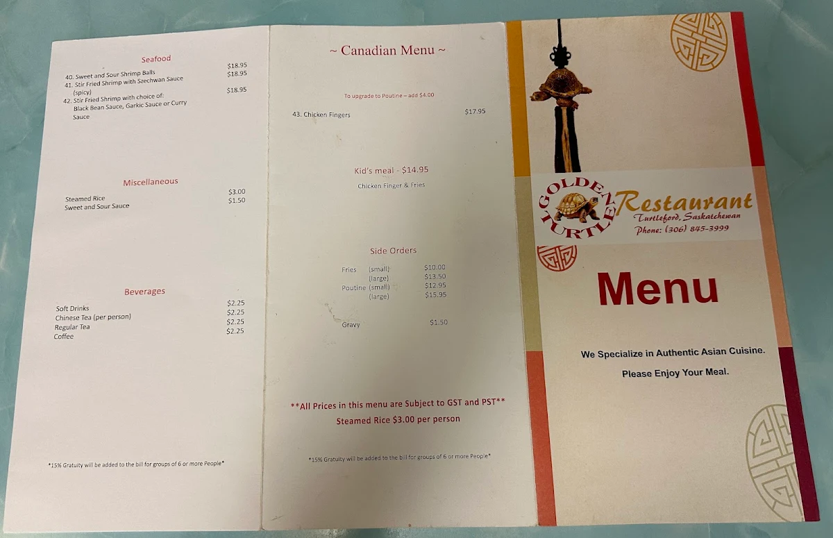 Menu, Golden Turtle Restaurant