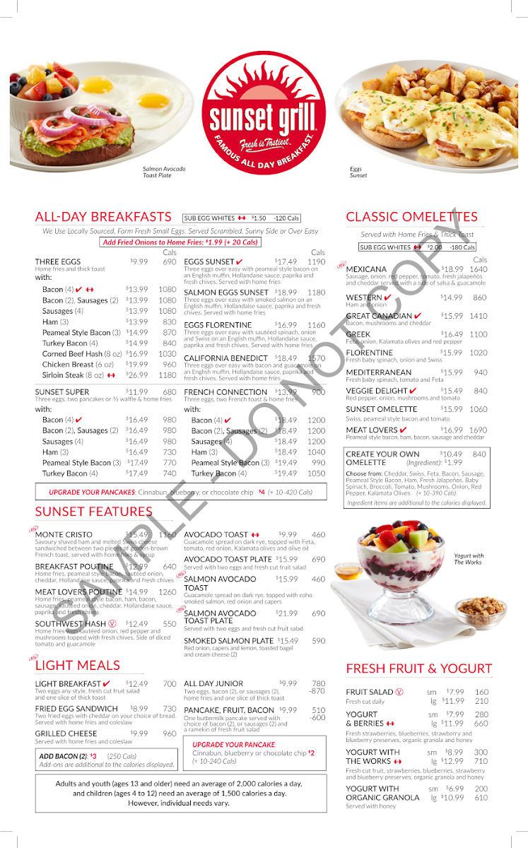 Menu, Sunset Grill