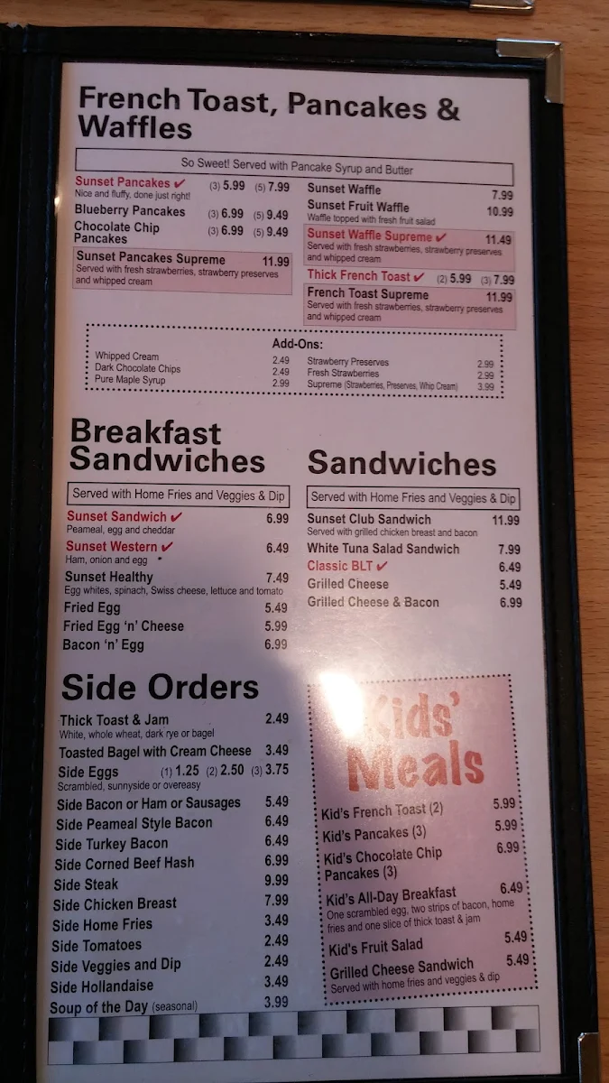 Menu, Sunset Grill