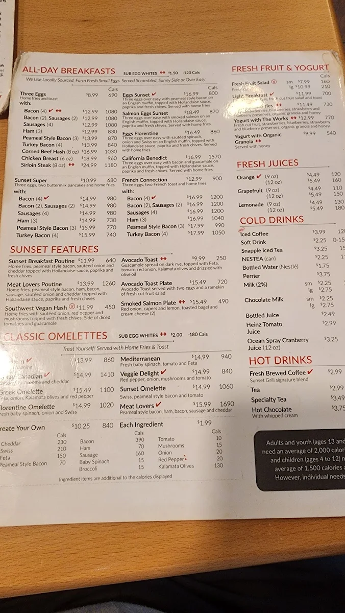 Menu, Sunset Grill