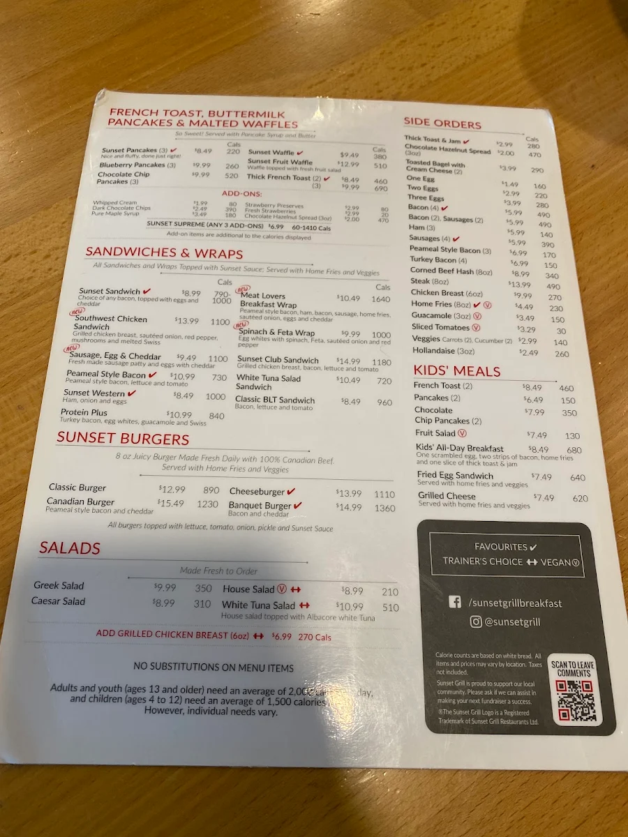 Menu, Sunset Grill