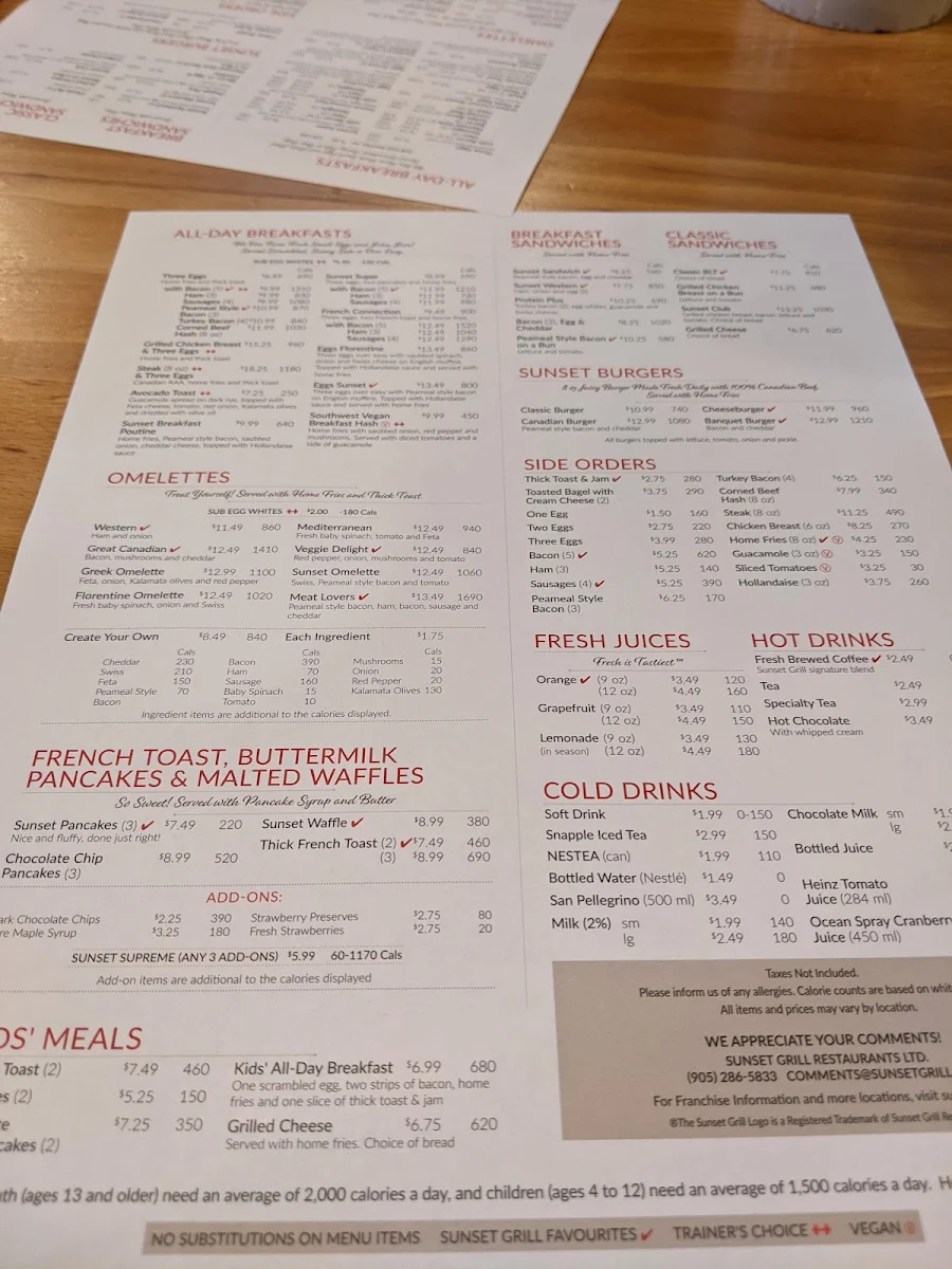 Menu, Sunset Grill