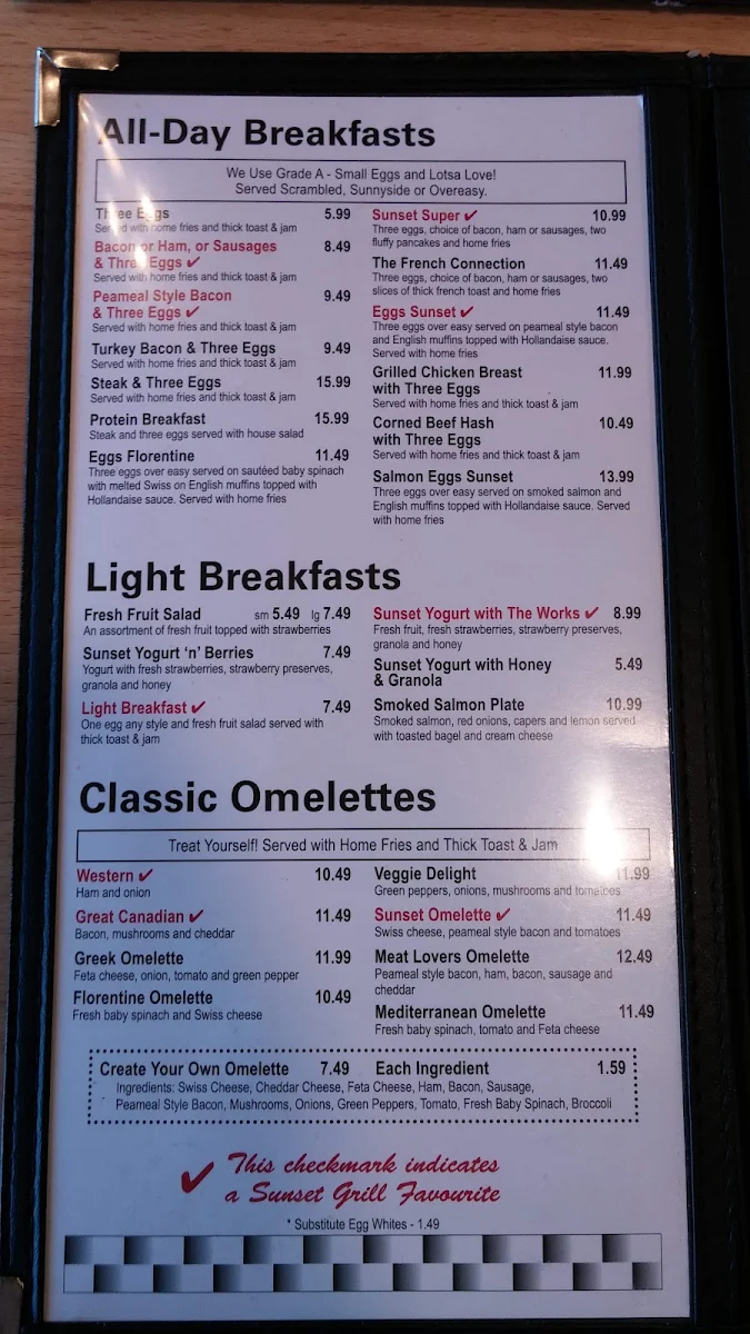 Menu, Sunset Grill