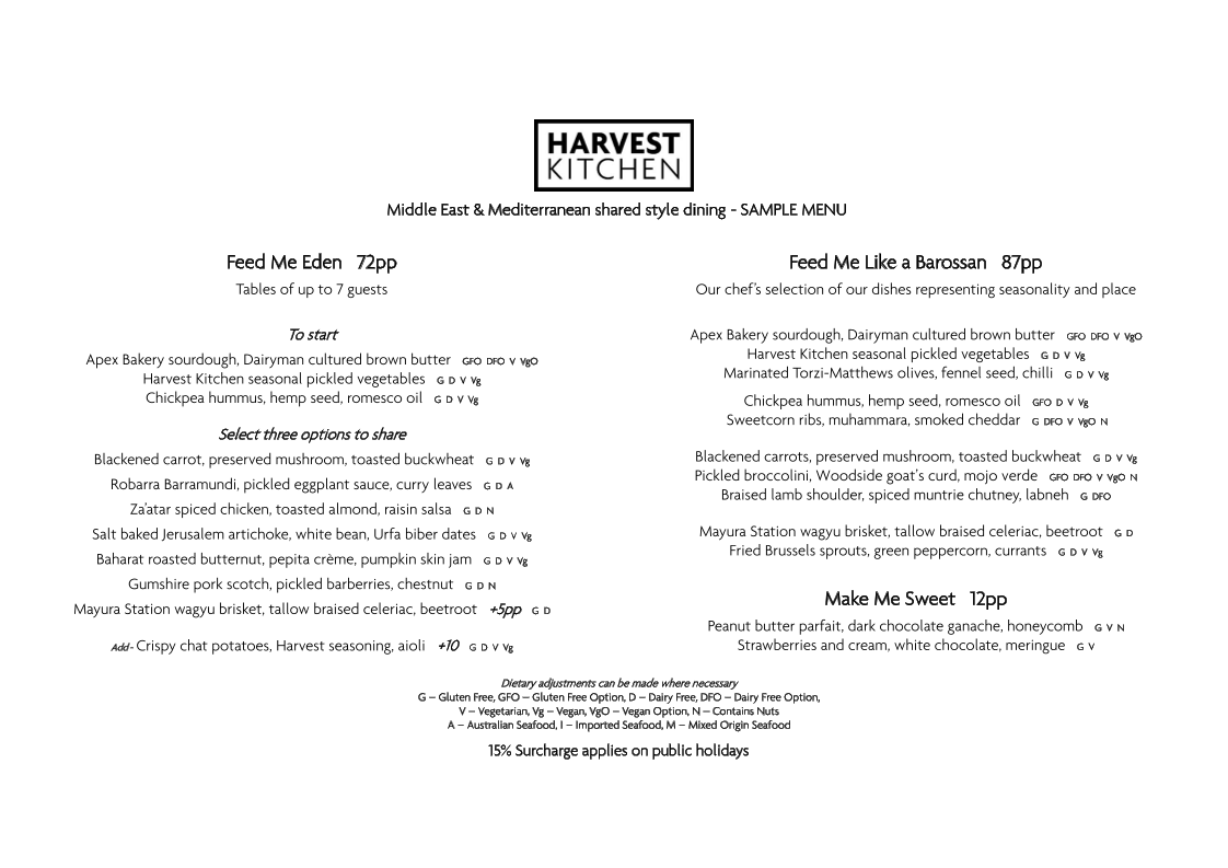 Menu, Harvest Kitchen