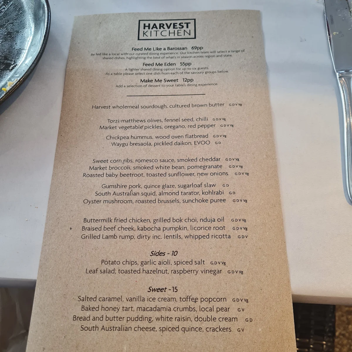 Menu, Harvest Kitchen