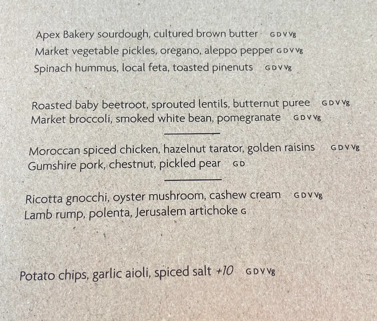Menu, Harvest Kitchen