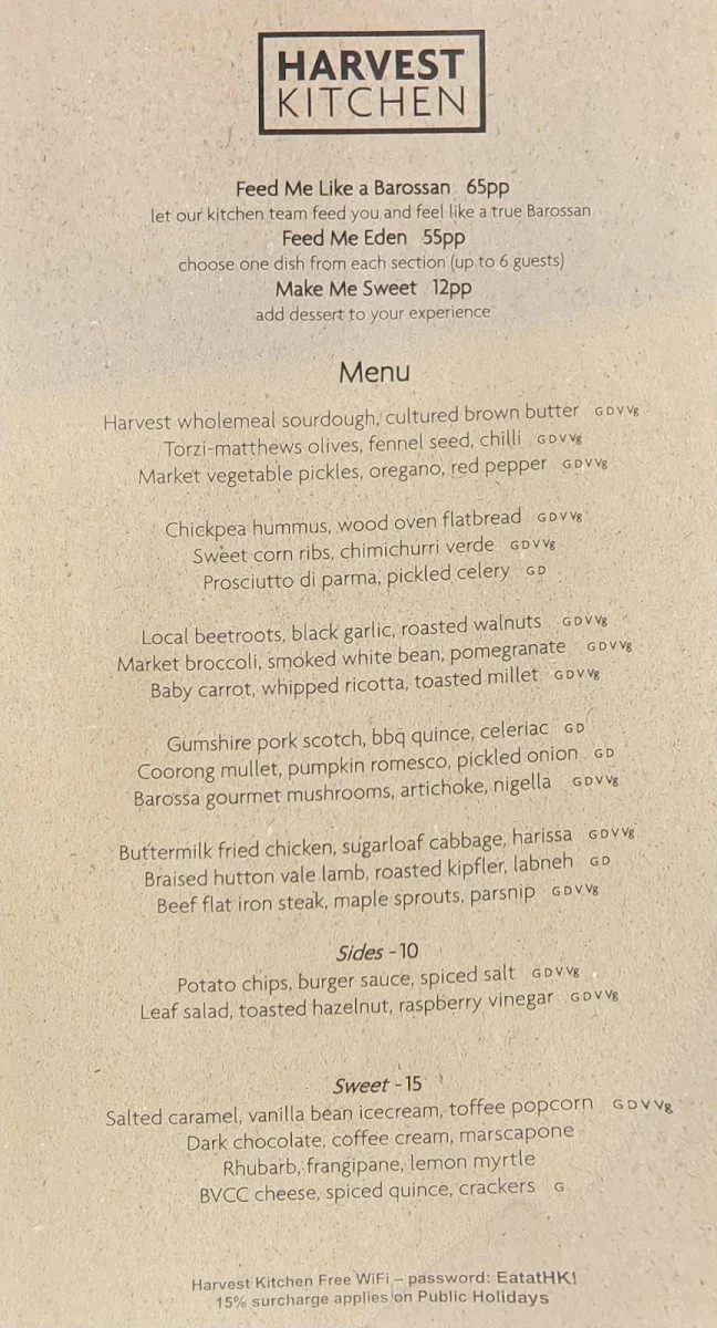 Menu, Harvest Kitchen