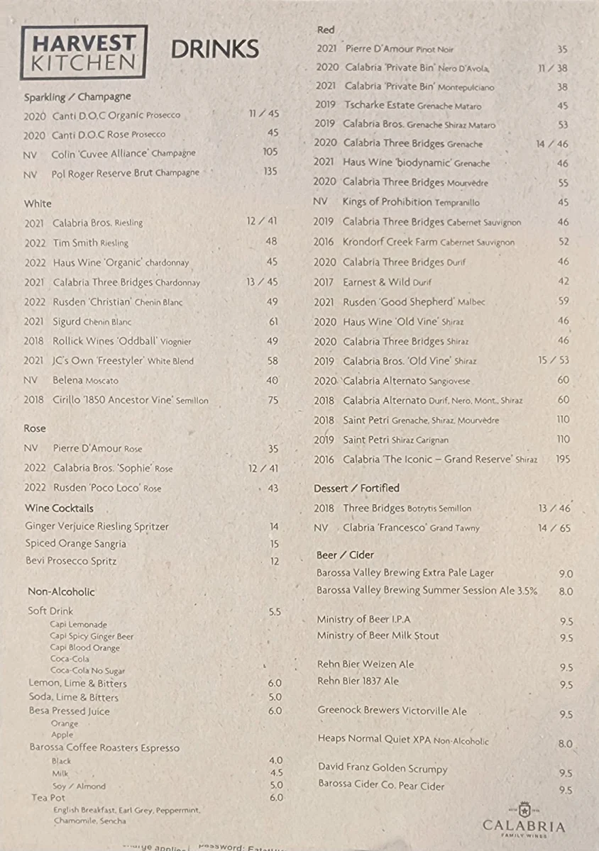 Menu, Harvest Kitchen