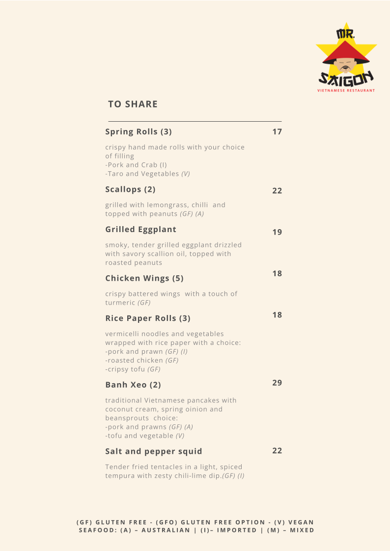 Menu, Mr Saigon