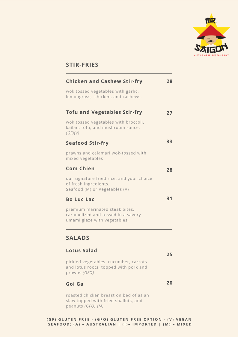 Menu, Mr Saigon
