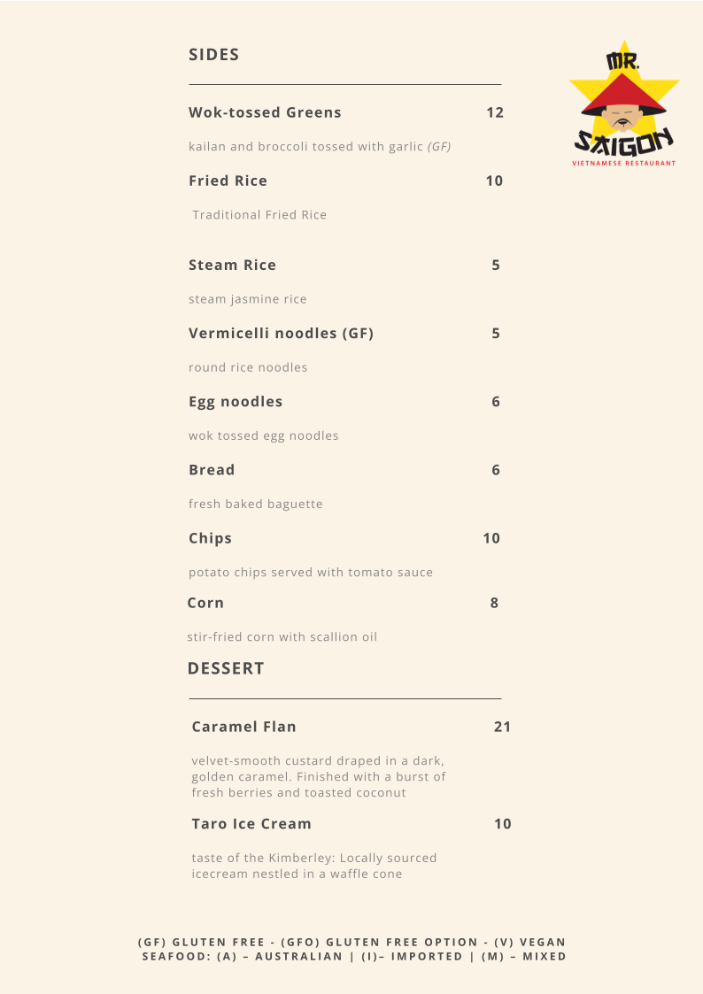 Menu, Mr Saigon