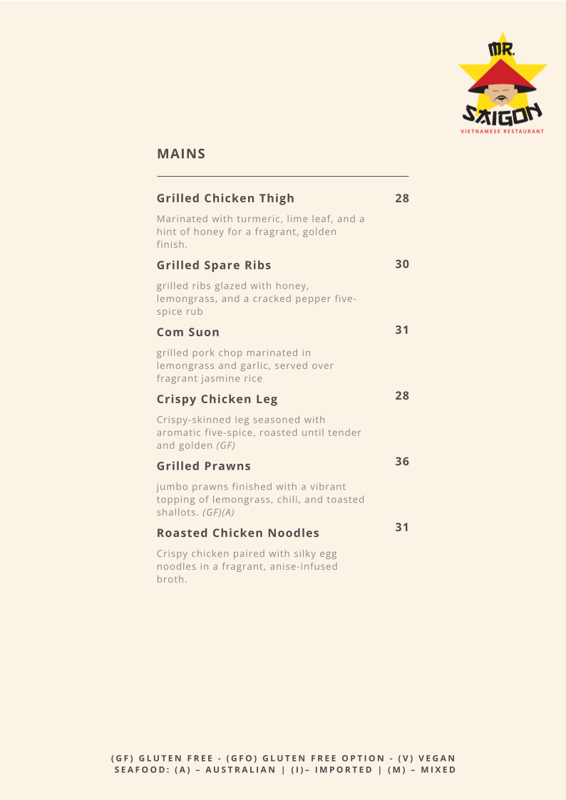 Menu, Mr Saigon
