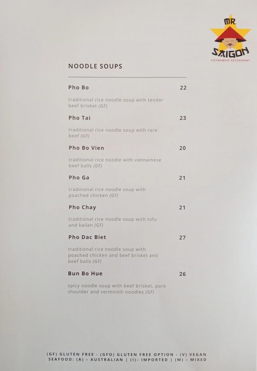 Menu, Mr Saigon