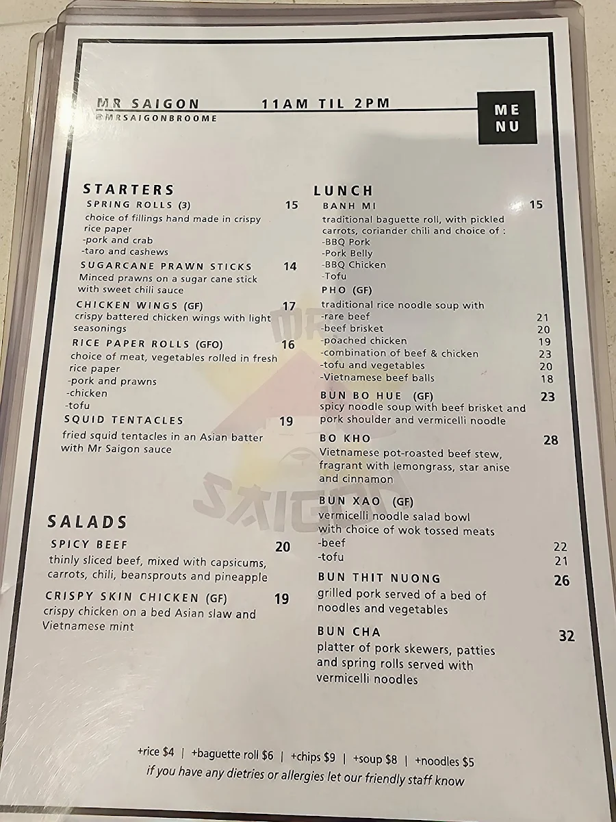 Menu, Mr Saigon