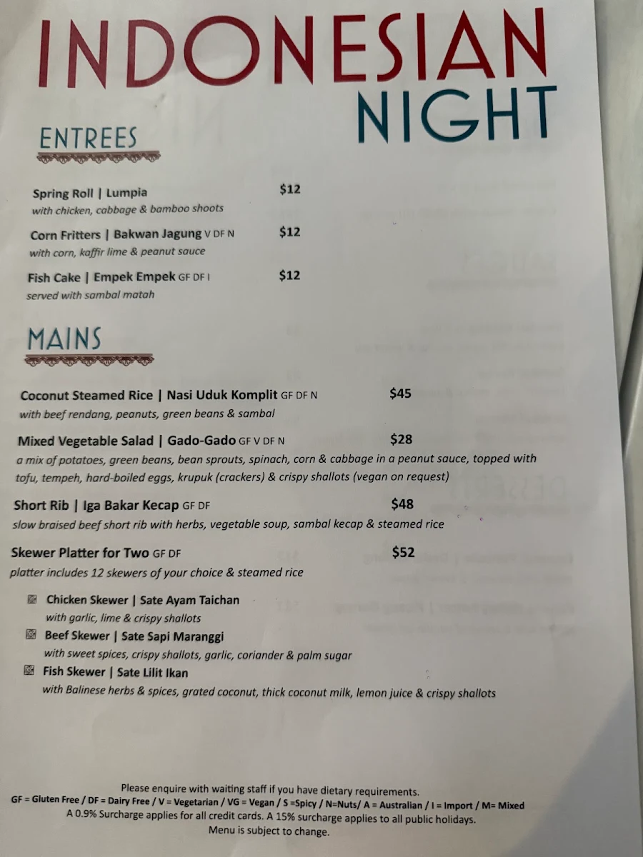 Menu, 316 Bar & Bistro at Ramada Resort Port Douglas
