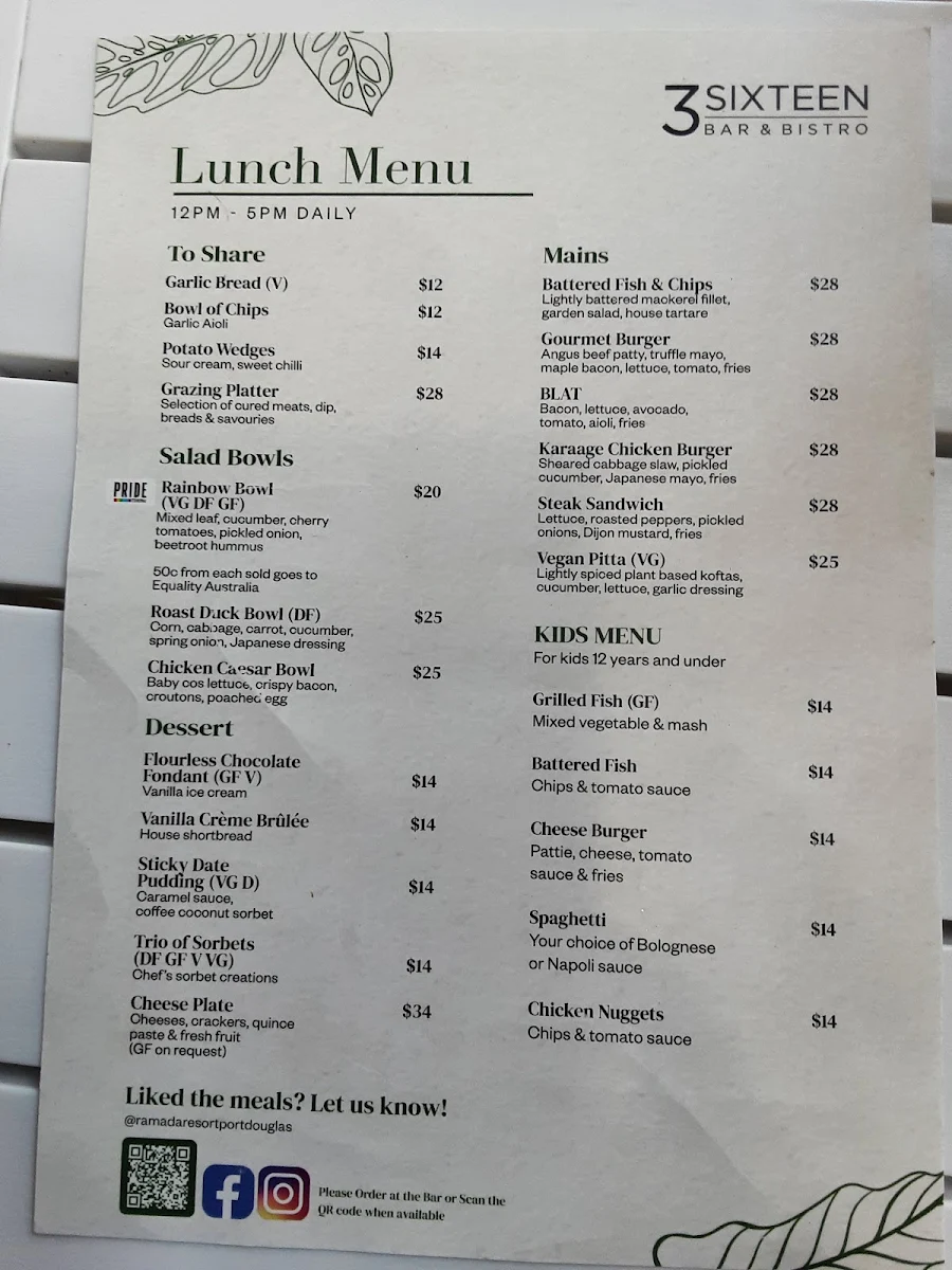 Menu, 316 Bar & Bistro at Ramada Resort Port Douglas