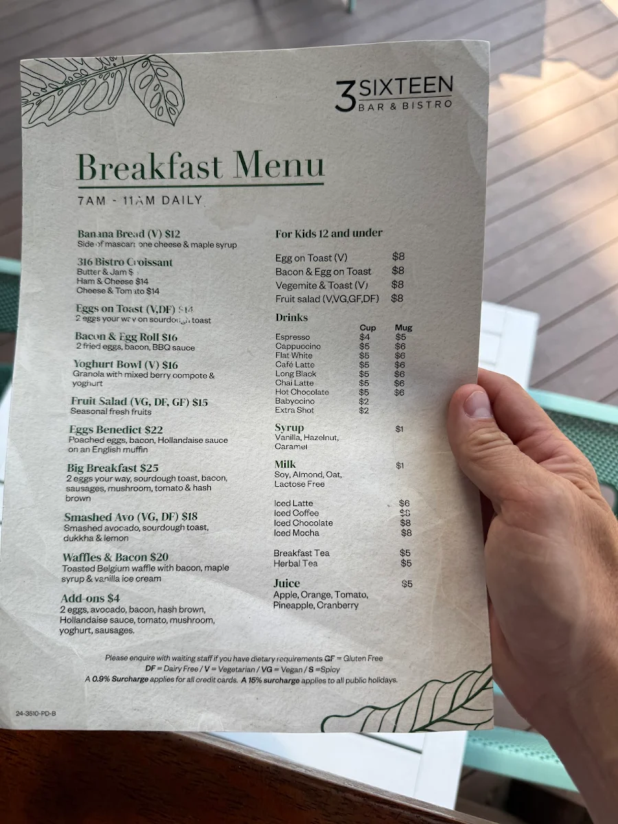Menu, 316 Bar & Bistro at Ramada Resort Port Douglas