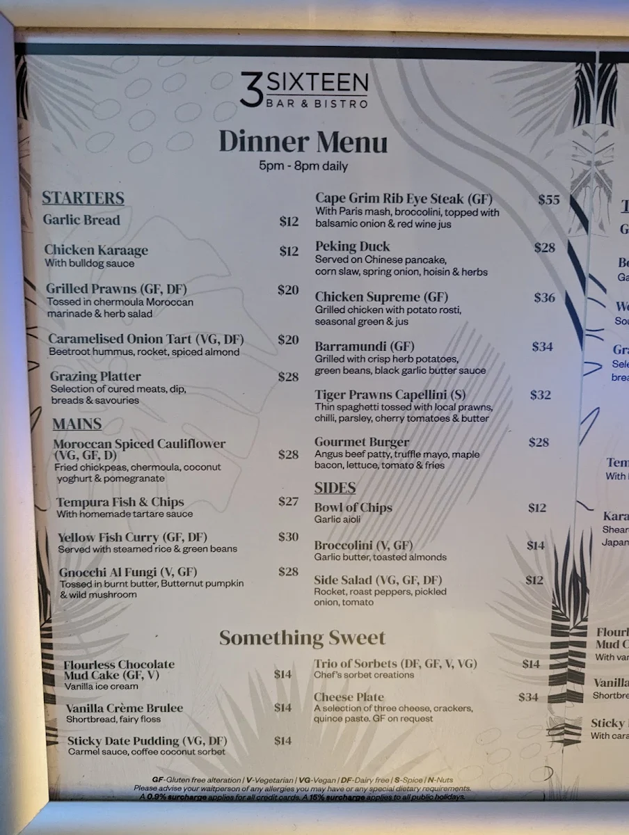 Menu, 316 Bar & Bistro at Ramada Resort Port Douglas