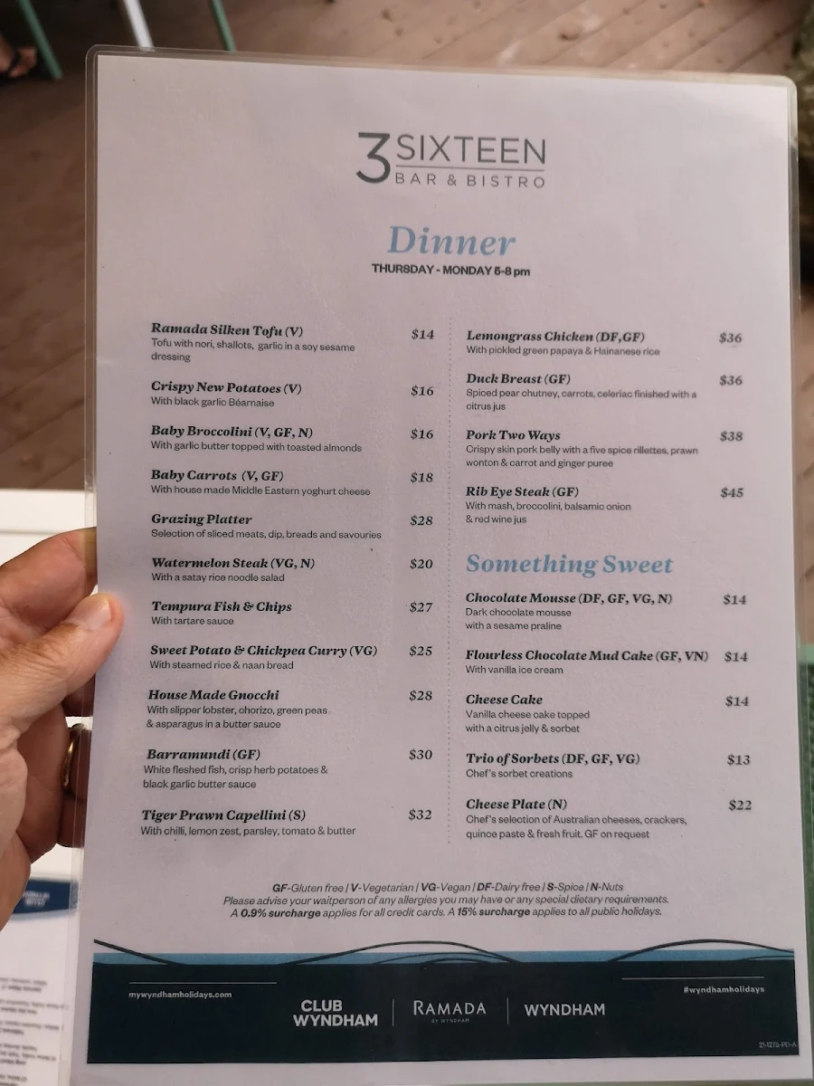 Menu, 316 Bar & Bistro at Ramada Resort Port Douglas