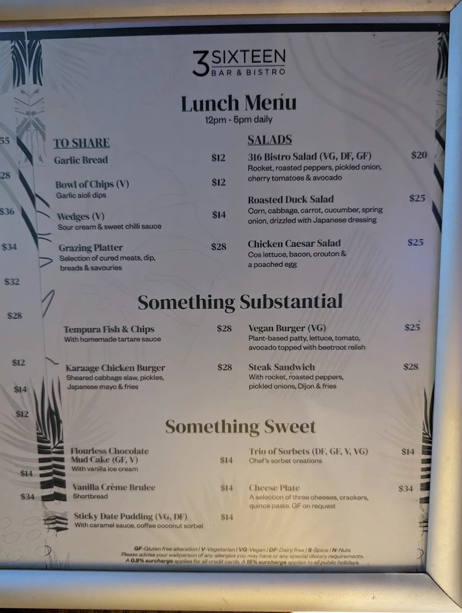 Menu, 316 Bar & Bistro at Ramada Resort Port Douglas