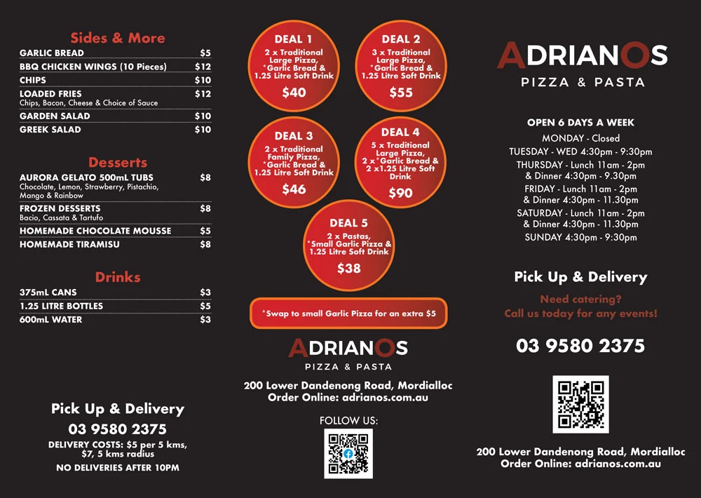 Menu, Adrianos Pizza & Pasta