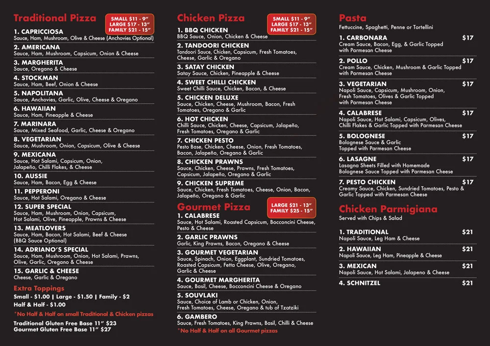 Menu, Adrianos Pizza & Pasta
