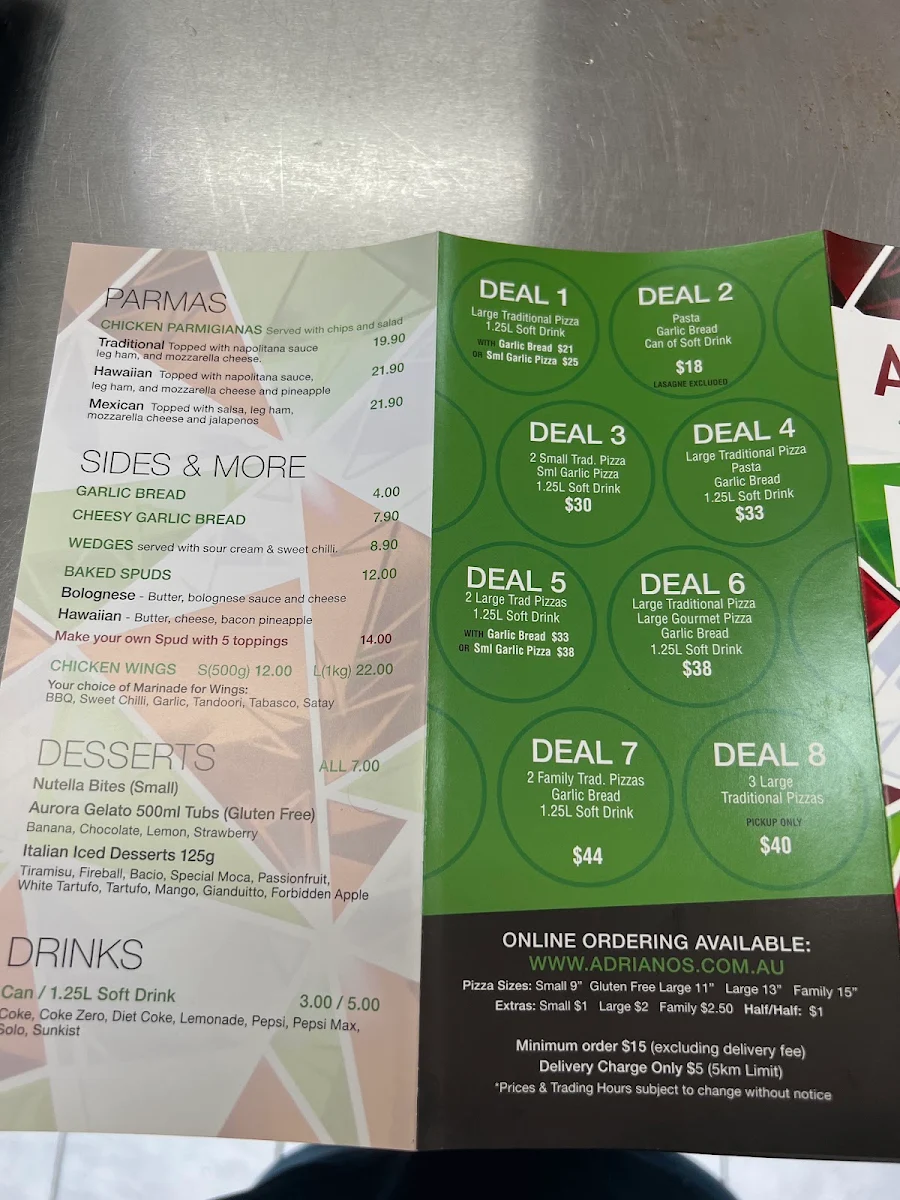 Menu, Adrianos Pizza & Pasta