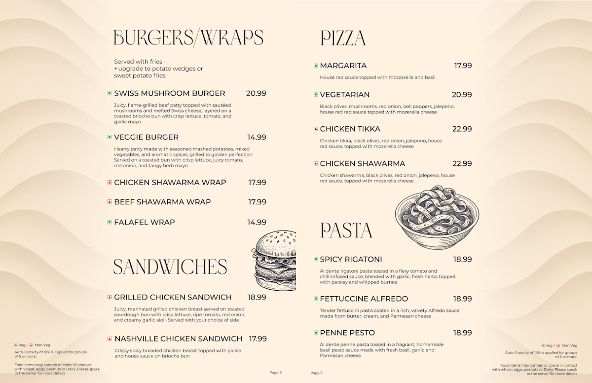 Menu, Mirage Lounge & Restaurant