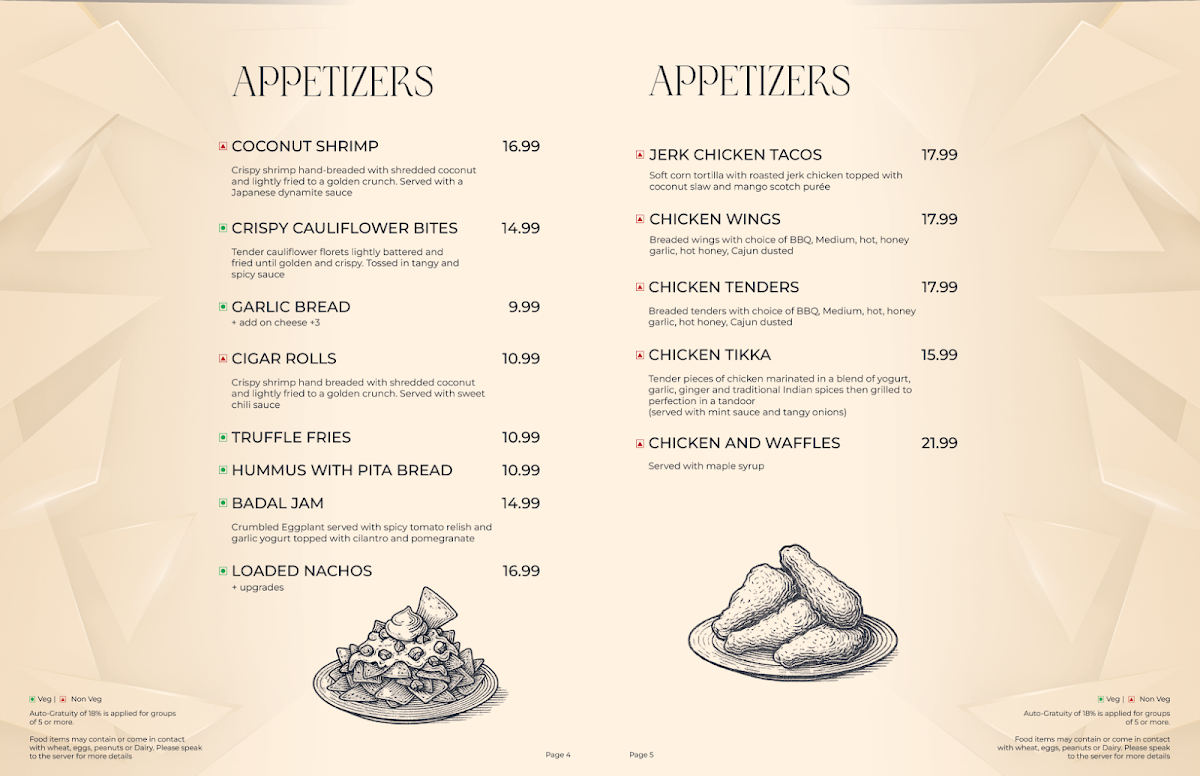 Menu, Mirage Lounge & Restaurant