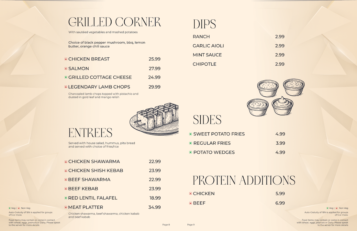 Menu, Mirage Lounge & Restaurant