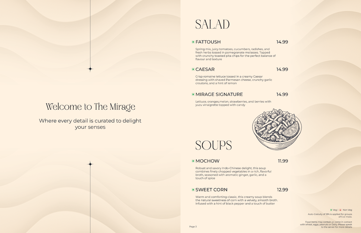 Menu, Mirage Lounge & Restaurant