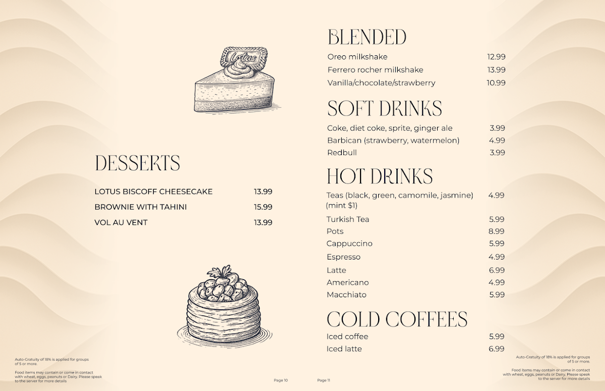 Menu, Mirage Lounge & Restaurant
