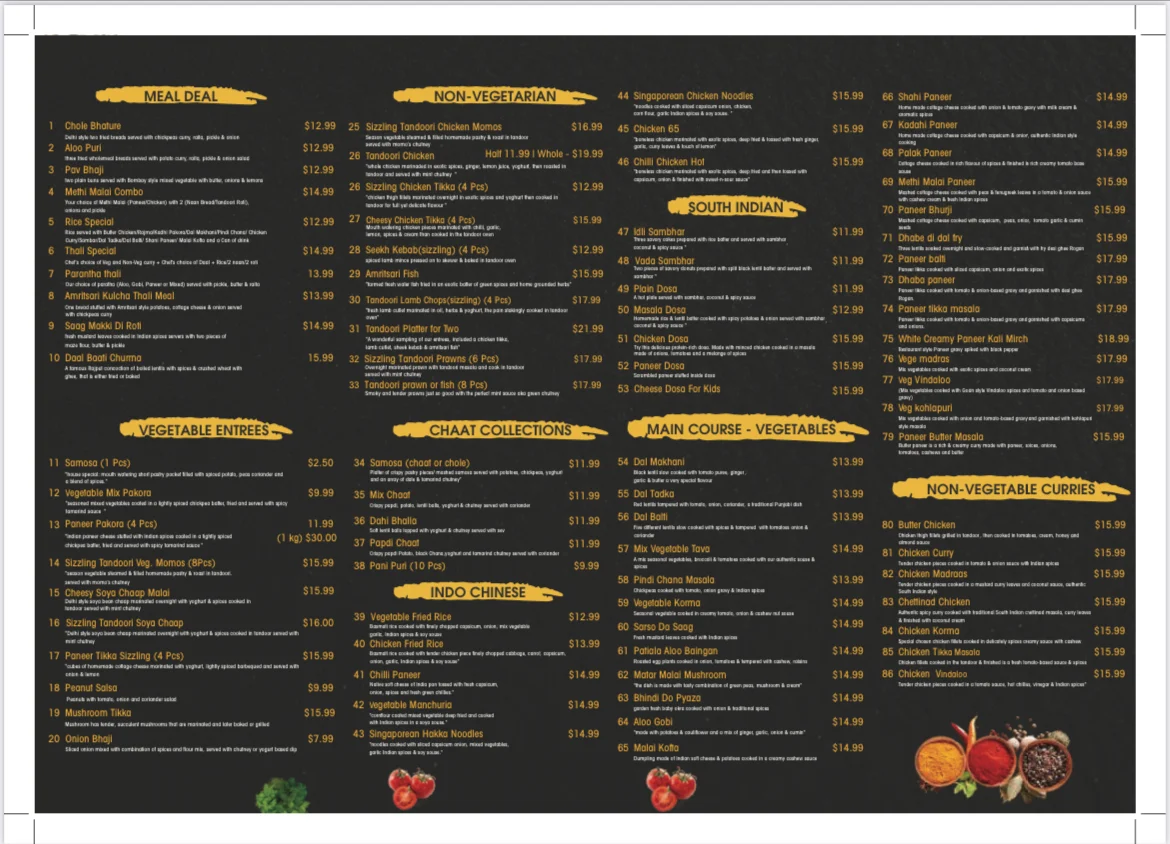 Menu, Amrin and Bros Indian Restaurant & Bar
