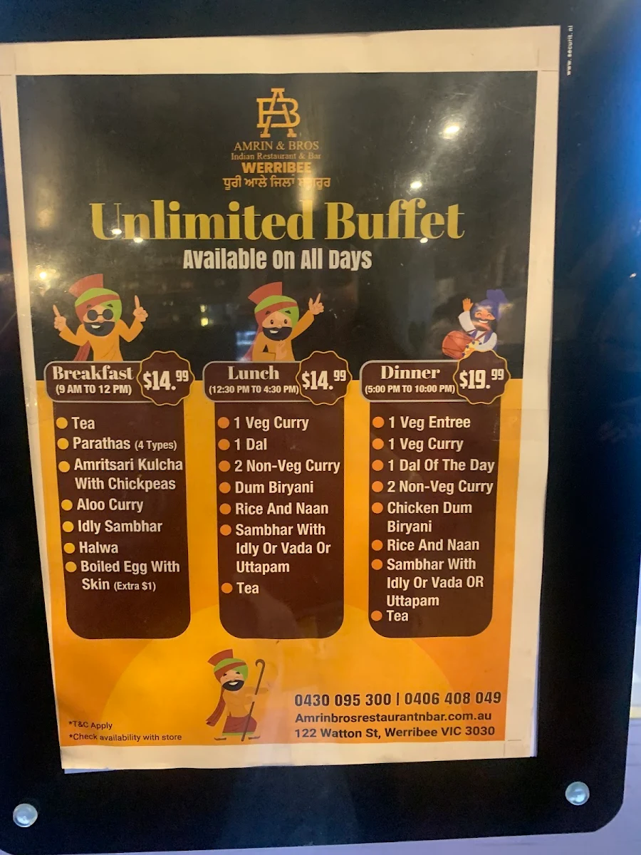 Menu, Amrin and Bros Indian Restaurant & Bar