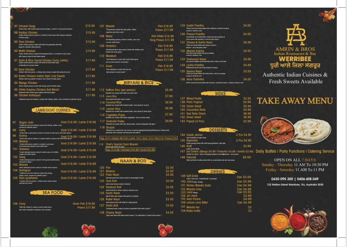 Menu, Amrin and Bros Indian Restaurant & Bar