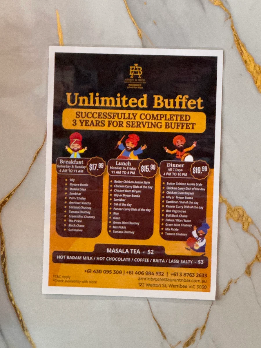Menu, Amrin and Bros Indian Restaurant & Bar