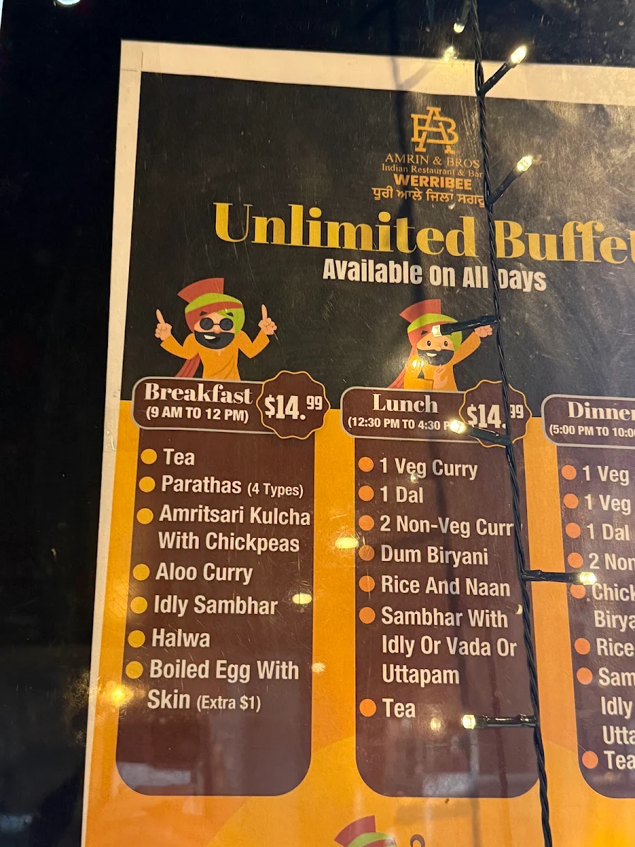 Menu, Amrin and Bros Indian Restaurant & Bar