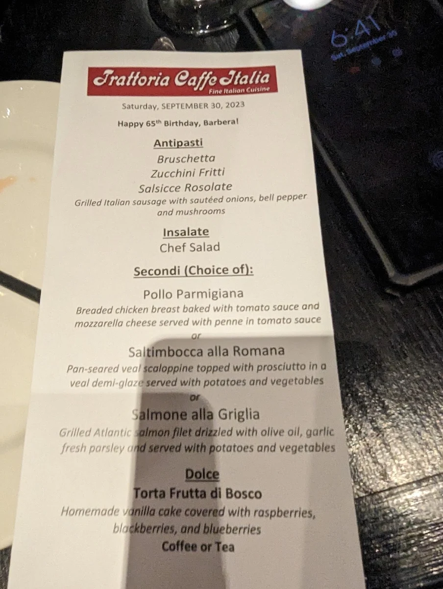 Menu, Trattoria Caffè Italia