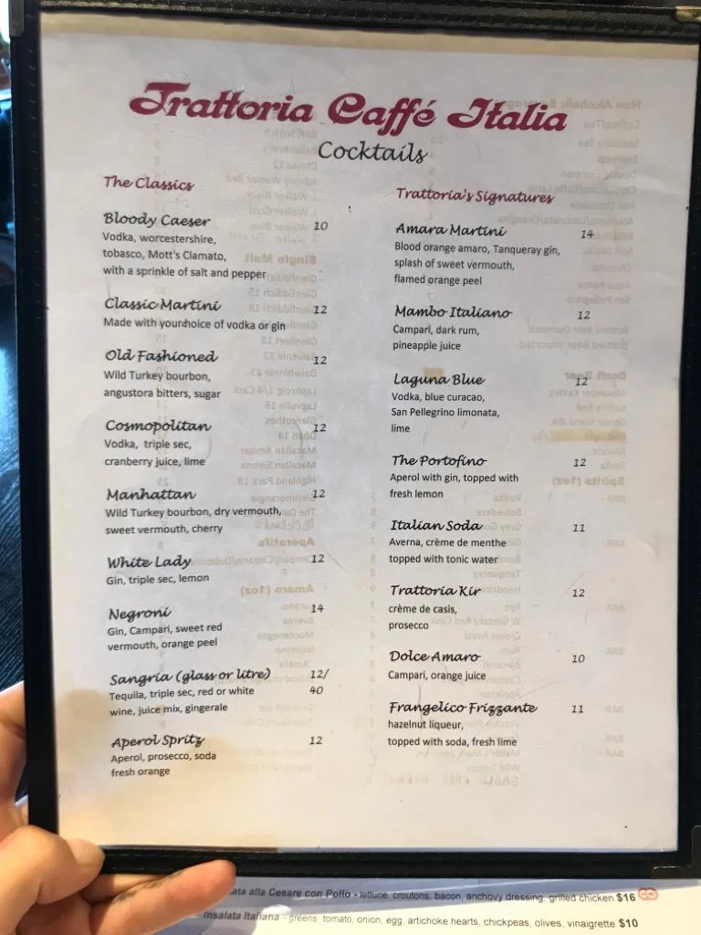 Menu, Trattoria Caffè Italia