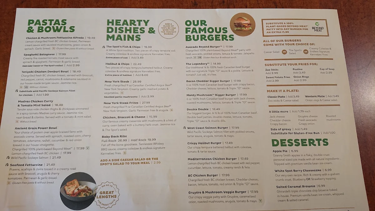 Menu, White Spot Coquitlam
