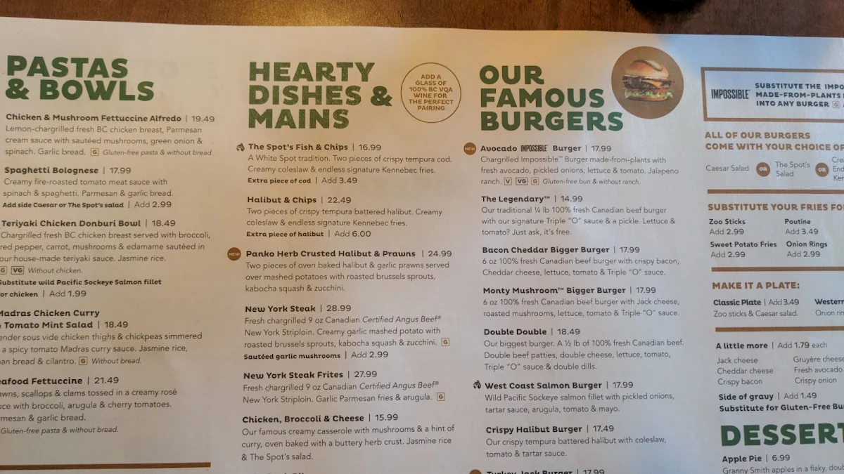 Menu, White Spot Coquitlam