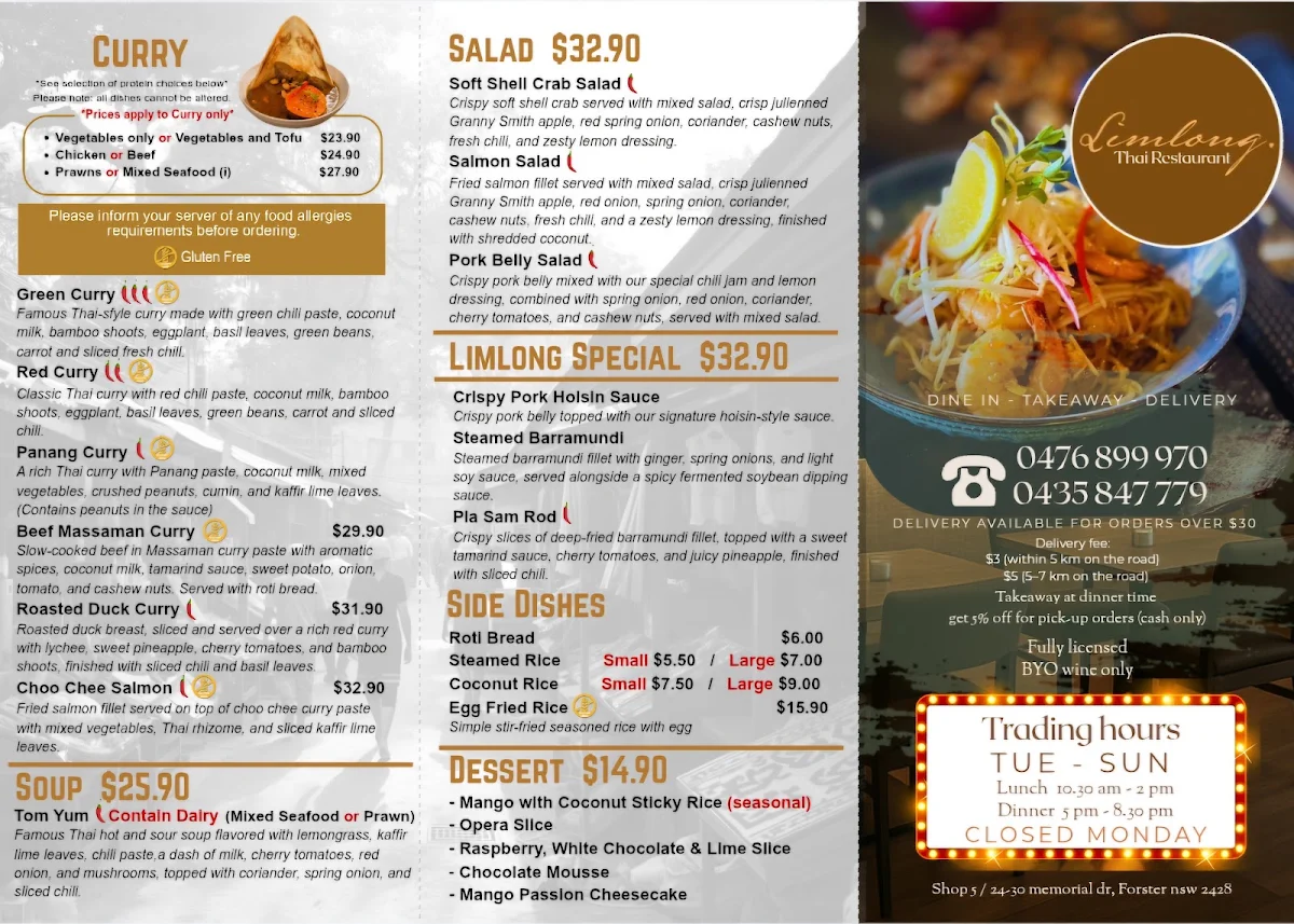 Menu, Limlong Thai Restaurant
